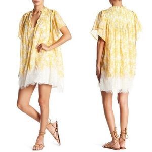 Free People Floral Mini Dress Cotton Lace Hem Fairy Boho Festival Summer Size S